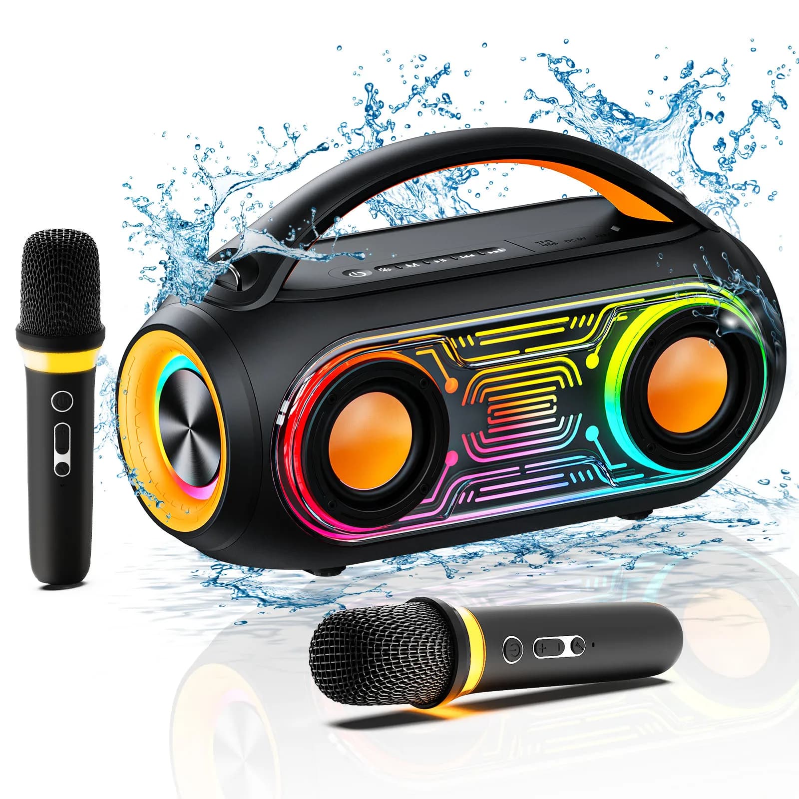 Macchina per karaoke D51 con 2 microfoni wireless, riproduzione 36 ore, impermeabile IPX5, voce magica, altoparlante Bluetooth portatile per la casa