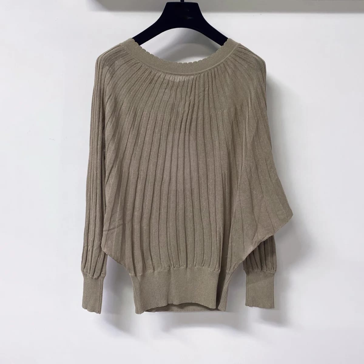 2026 Women Scallop Neck Batwing Long Sleeve Knit Top Vertical Ribbed Loose Thin Knitted Blouse lyt2671488