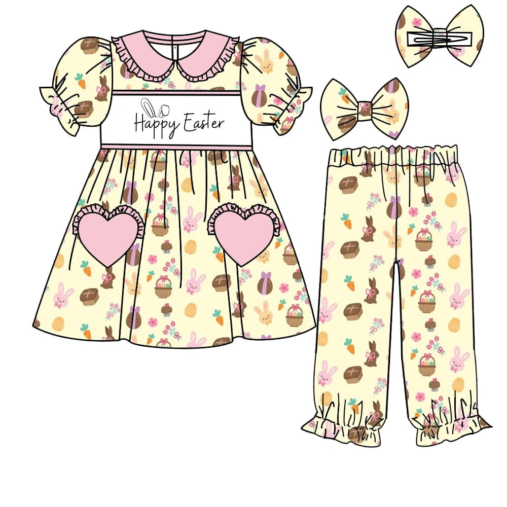 Happy Easter Short-sleeved and long-legged bunny and egg print boutique children's pajama set for boys and girls.