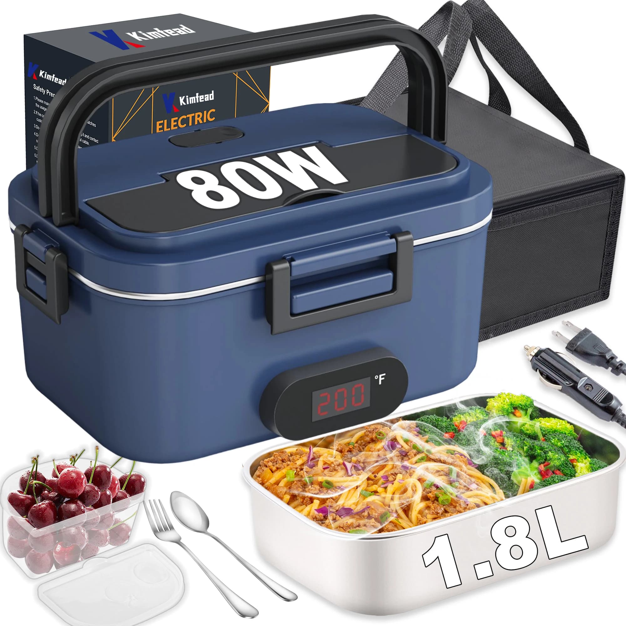 Scaldavivande Elettrico: Scatola Pranzo Elettrica da 80W per Adulti, Contenitore Bento Portatile a Riscaldamento Rapido da 1,8L, 12/24V/110-230V