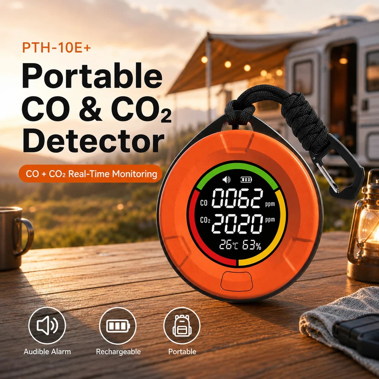 FABISENSE Portable Carbon Monoxide Detector for Travel RV Camping CO CO2 Monitor with Audible Alarm Temperature Humidity Display