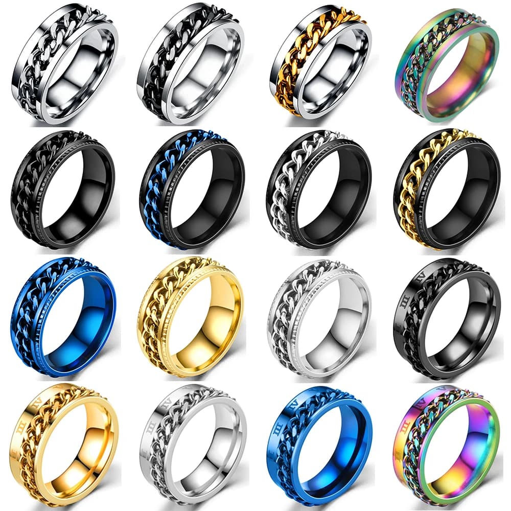 Raffreddare Anti Stress Ruota Libera Anelli a catena per uomo Acciaio inossidabile Anti Ansia Anello rilassante Fidget Spinner in metallo Anillo Hombre