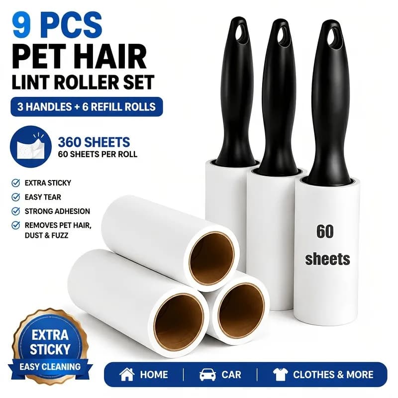 9pcs Pet Hair Lint Roller Set (3 Handles And 6 Refill Rolls, 360 Sheets) - Extra Sticky Fuzz Remover for Clothes And Furniture,