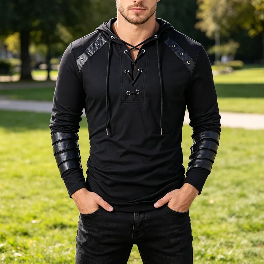 Uomo gotico Steampunk con cappuccio con cappuccio camicie felpa con lacci Pullover a maniche lunghe con cappuccio camicetta Casual top