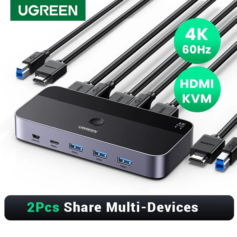 UGREEN 4K @ 60Hz HDMI KVM Switch USB3.0 KVM Switcher 2 pieces sharing 1 Monitor, printer, keyboard, Mouse Switch 3D support ,HDR Vision