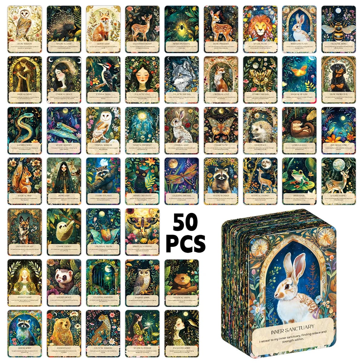 50 carte dei tarocchi degli animali dello spirito per le donne, carte di affermazione ispiratrici, guida per la crescita personale, amore, viaggio spirituale