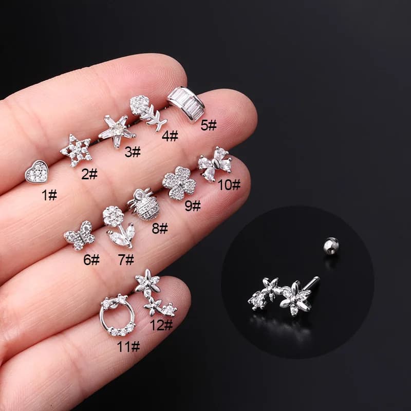 Orecchino penetrante con sfera di cristallo 16G - Anello posteriore per cartilagine, trago, elica, gioielli per il corpo, 1 pezzo
