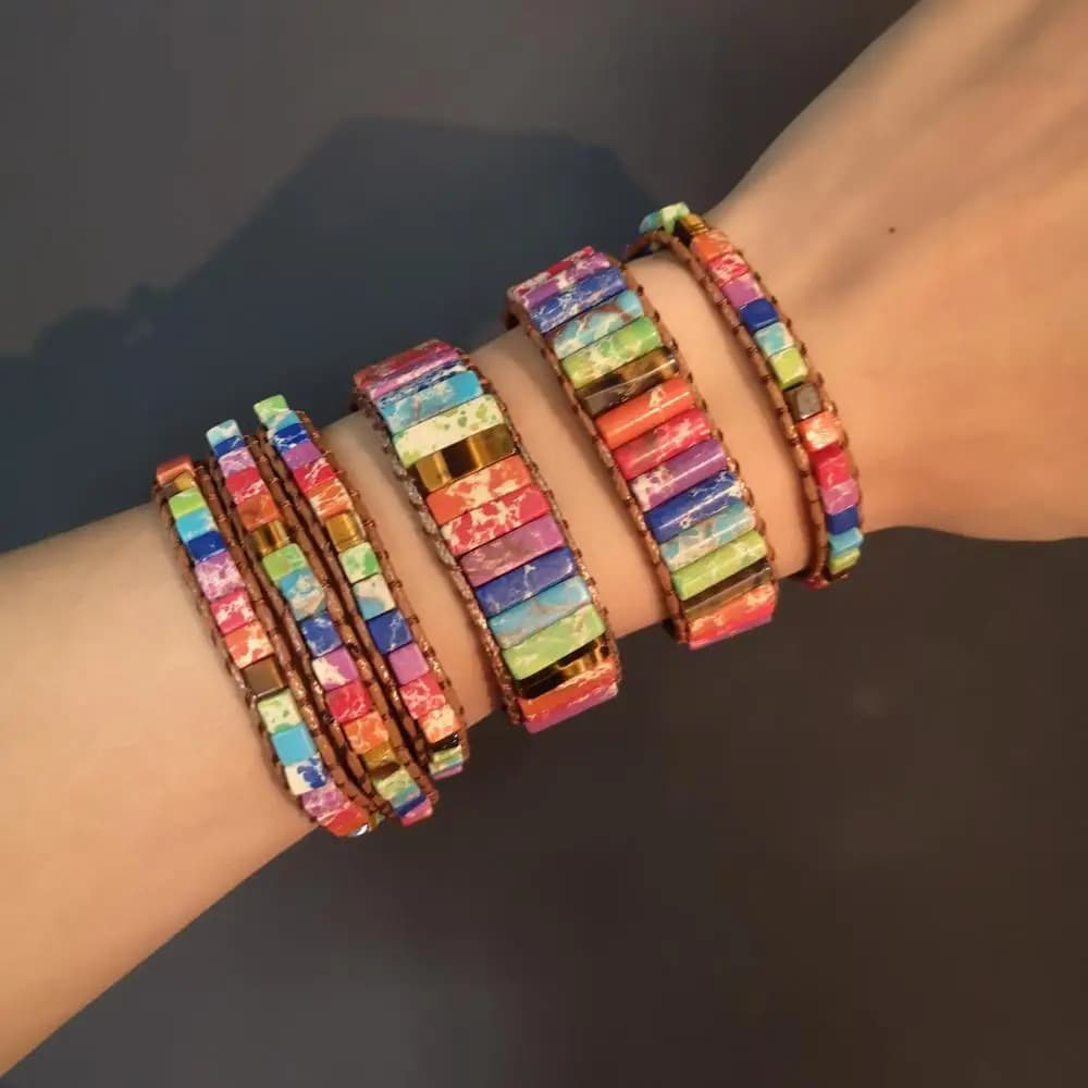 RINHOO Chakra bracciale gioielli fatti a mano multicolore pietra naturale perline tubo involucro in pelle bracciale coppie bracciali regali