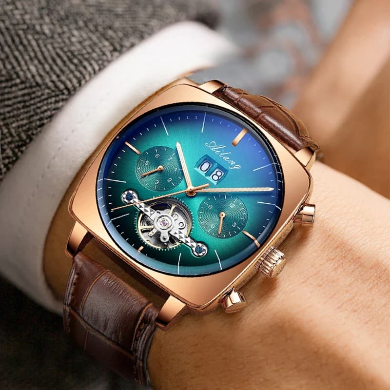 AILANG Fashion Green Big Dial Square Mechanical Watch for Men Leather Strap Waterproof Tourbillon Watches Mens Relogio Masculino