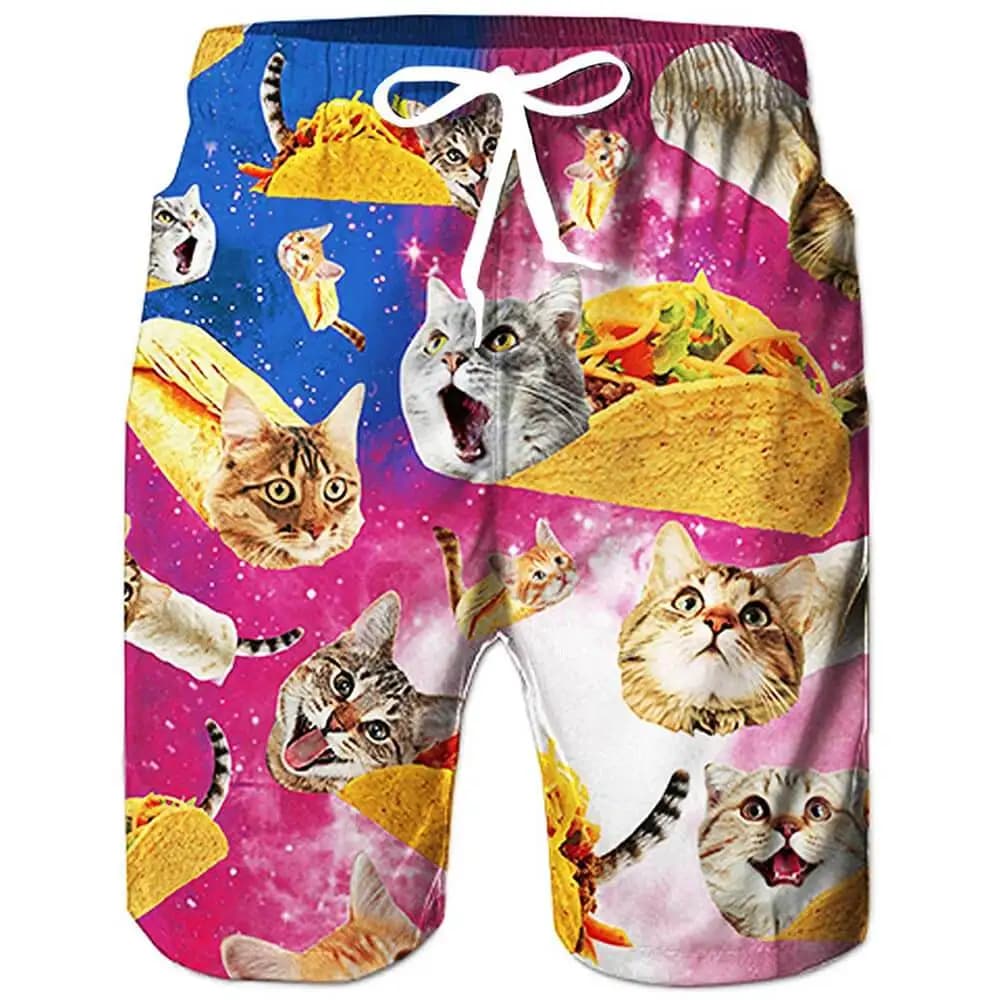 Divertente Taco Pizza Cat Pantaloncini da uomo stampati in 3D Fodera in rete Comodi pantaloncini da spiaggia traspiranti Costume da bagno estivo da spiaggia STDK-3