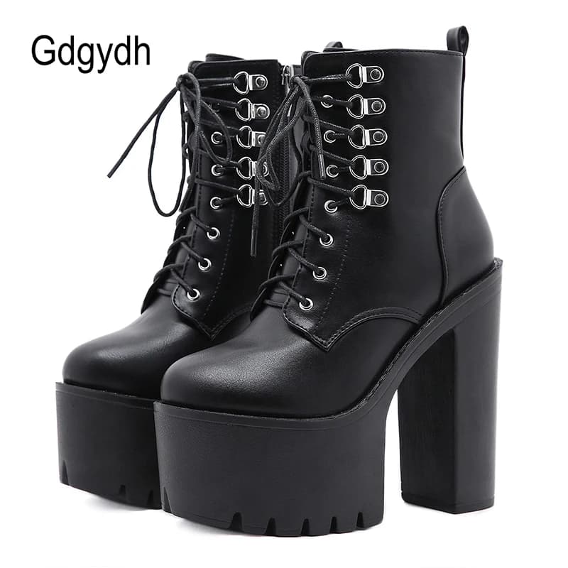 Gdgydh Stivali da moto da donna con tacco ultra alto Stile gotico Rivetto sexy Stivali da cavaliere punk con tacco grosso in morbida pelle nera
