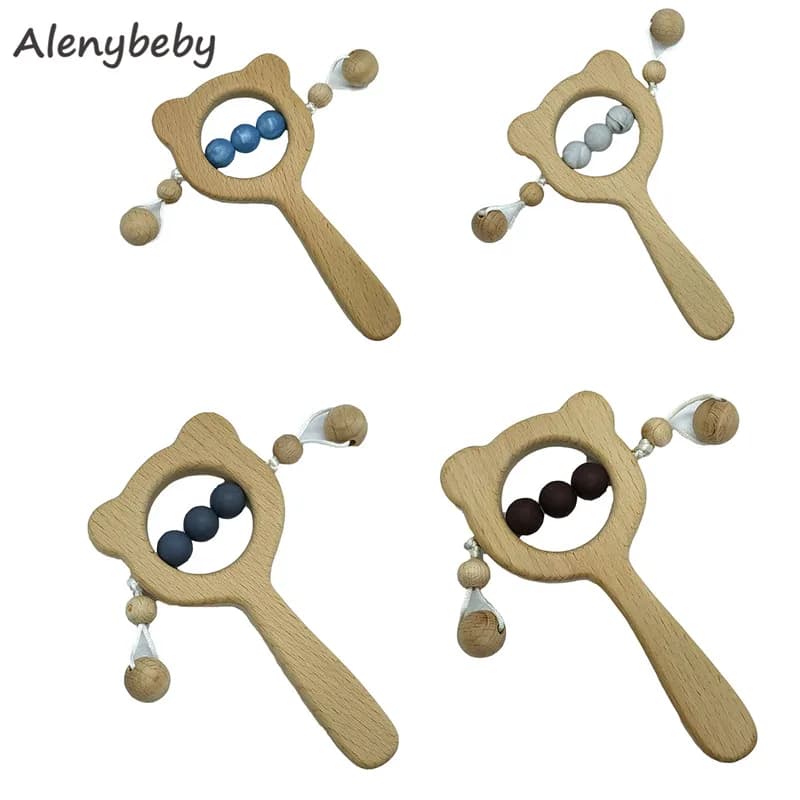 Sonaglio in legno di faggio Giocattoli Perline in silicone Massaggiagengive Infantile Dentizione per bambini Grip allenamento Masticabile Gioca Palestra Montessori Passeggino Giocattoli