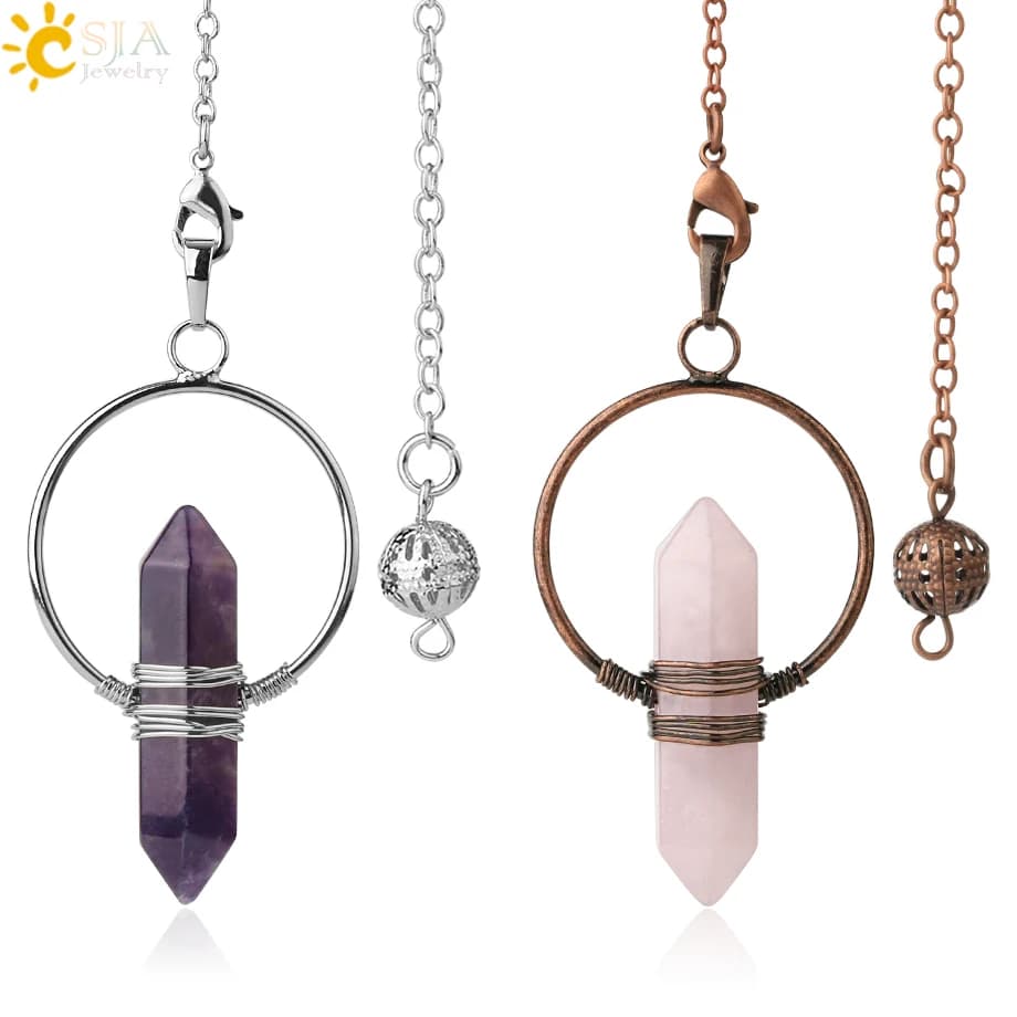 CSJA Natural Gem Stone Pendulums Crystal Healing Pointed Hexagon Pillar Circle Wire Wrap Dangle Pendant for Dowsing Pendule G375