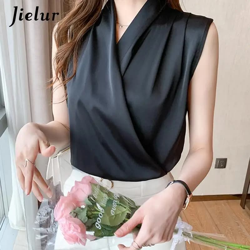 Jielur top da donna camicette camicetta in raso bianco tinta unita camicia da ufficio Blusas camicie da donna senza maniche nero bianco femminile