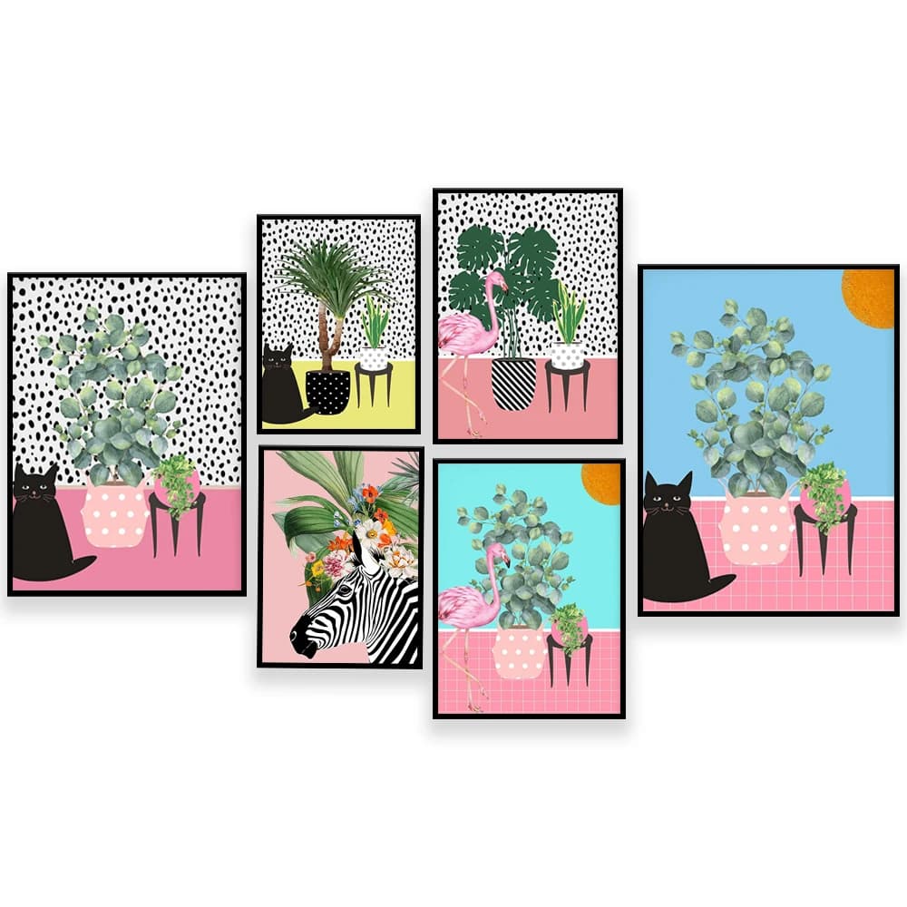 Zebra tropicale di piante floreali, stampa di gatti, arte floreale, palme di arte di piante solari tropicali, eucalipto, pianta monstera Poster di arte della parete