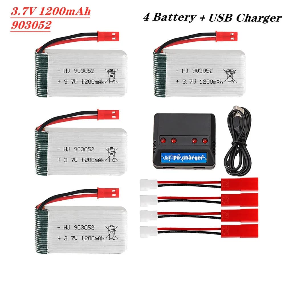 Batteria Lipo 3.7V 1200mAh 903052 spina JST e caricabatterie 4 In 1 impostato per batterie per aeroplani per elicotteri telecomandati H11D H11C