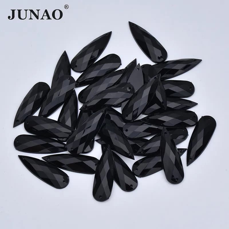 JUNAO 10x30mm Grande Nero Lacrima Goccia Strass Parte Posteriore Piana Cucire Su Gemme Acriliche Cucito Grandi Pietre Strass di Cristallo Per Il Vestito