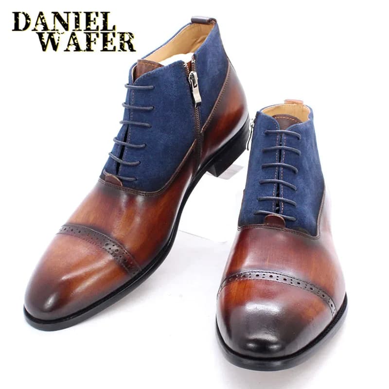 Luxury Men Ankle Boots Original Suede Leather Shoes Cap Toe Lace Up Pointed Toe Brown Black Casual Dress Formal Shoes Men Boots