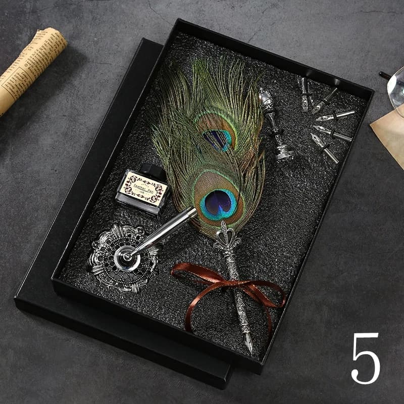 Retro pens feather calligraphy dip pen writing ink set peacock feather pens
