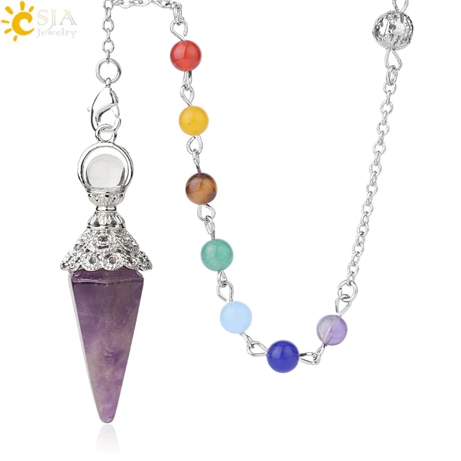 CSJA Natural Stones pendolo per rabdomanzia divinazione 7 Chakra Chain colonna esagonale ciondolo a cono color argento Reiki Pendule G400