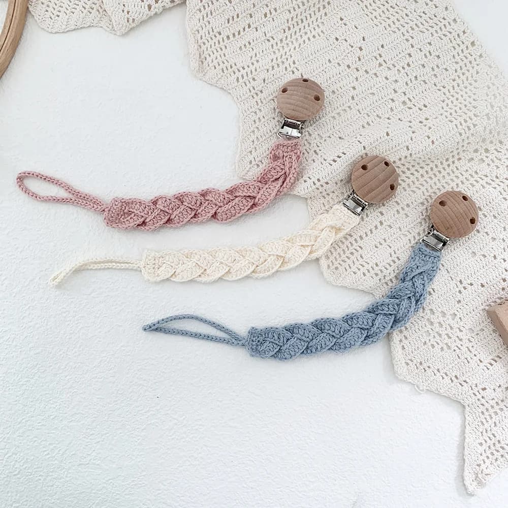 Clip per ciuccio macramè Elegante corda di cotone intrecciata in canapa Clip per succhietto in legno di faggio per bambini
