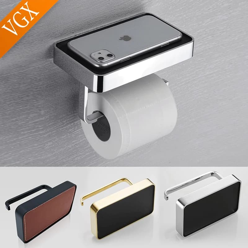 VGX porta carta igienica di lusso con ripiano per telefono portarotolo da bagno accessori per montaggio a parete dorato nero cromato T2508