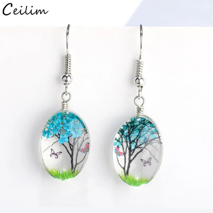 2024 New dry Flower Drop Dangle Earring for Women's Gifts Color Silver Glass Ball Butterfly Wishing Tree Earrings Fashionable Jewelry