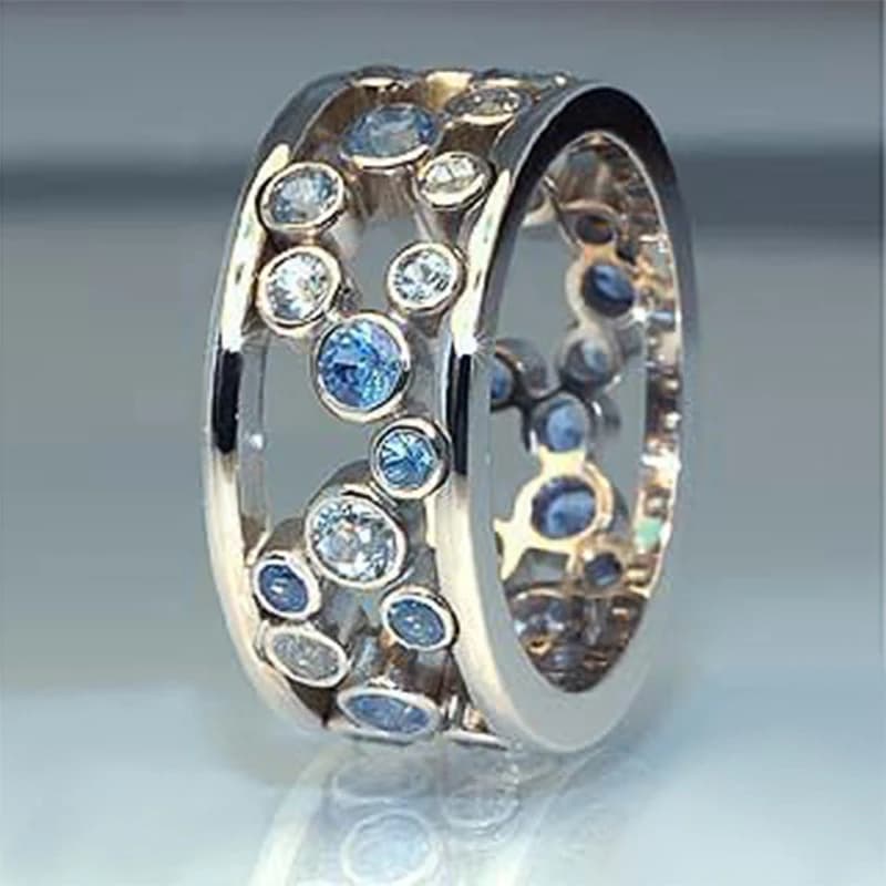 Huitan Fashion hollow Circle Women Simple Band Ring White/Blue Zircon Anniversary Gift for Lady Unique Birthday Gift Rings