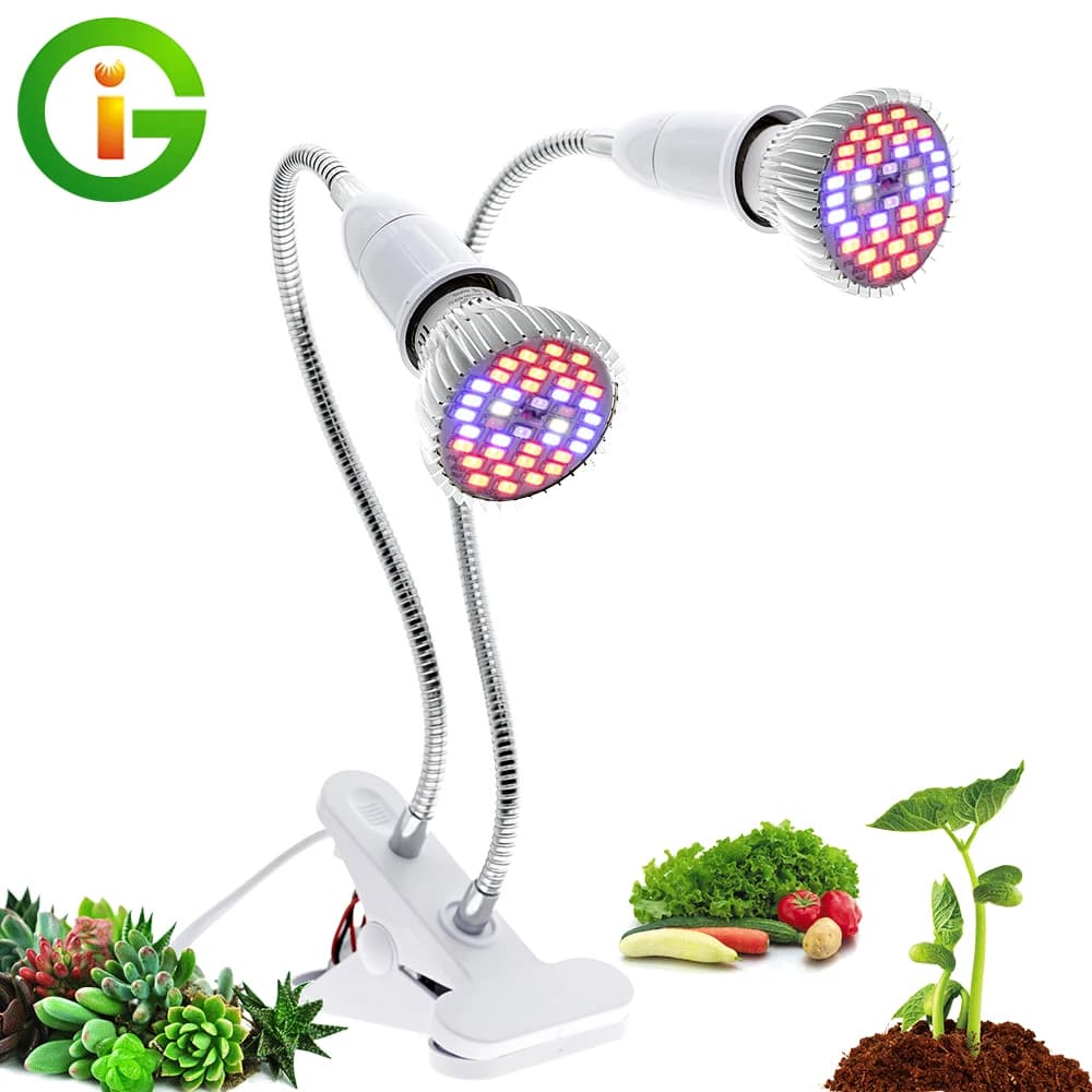 E27 Double Head LED Lamp for plant growth with flexible clip for fixing, full spectrum LED light for domestic indoor cultivation.