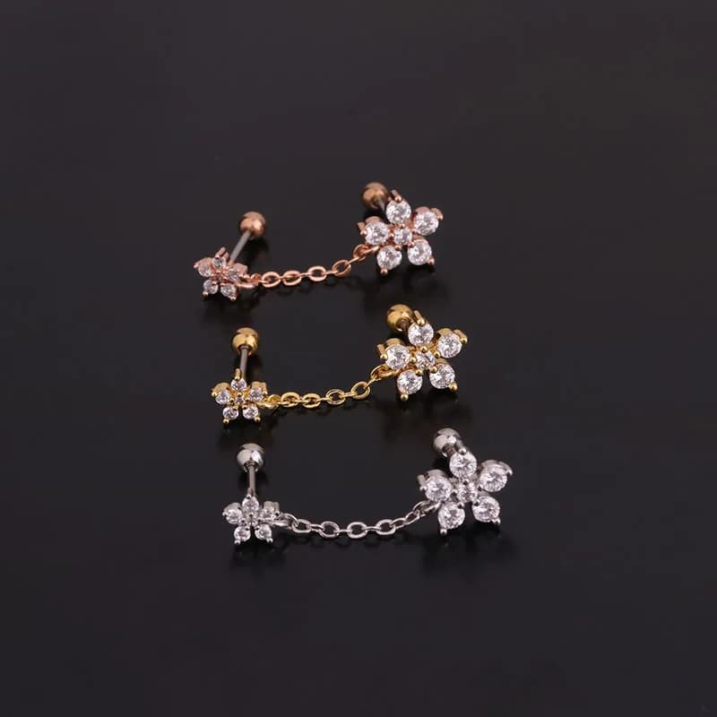 1 pz carino dolce piccolo zircone orecchino a forma di fiore con catena trendy doppia palla orecchie cartilagine piercing gioielli polsino