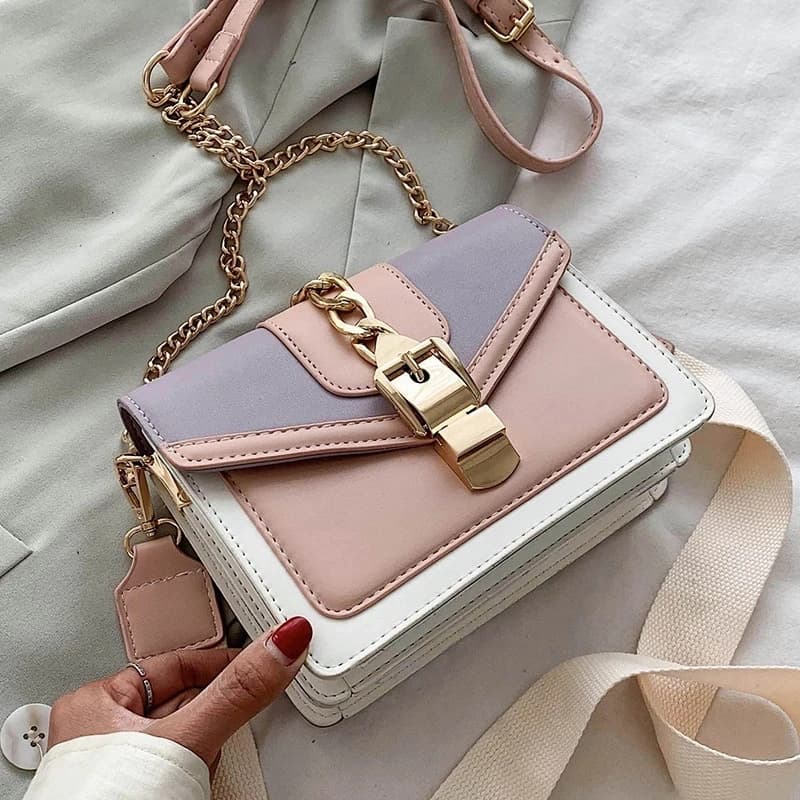 Borsa a tracolla da donna con catena di moda Borsa a tracolla in pelle PU con pannelli colorati per donna 2023 nuova borsa a tracolla con tracolla larga da donna