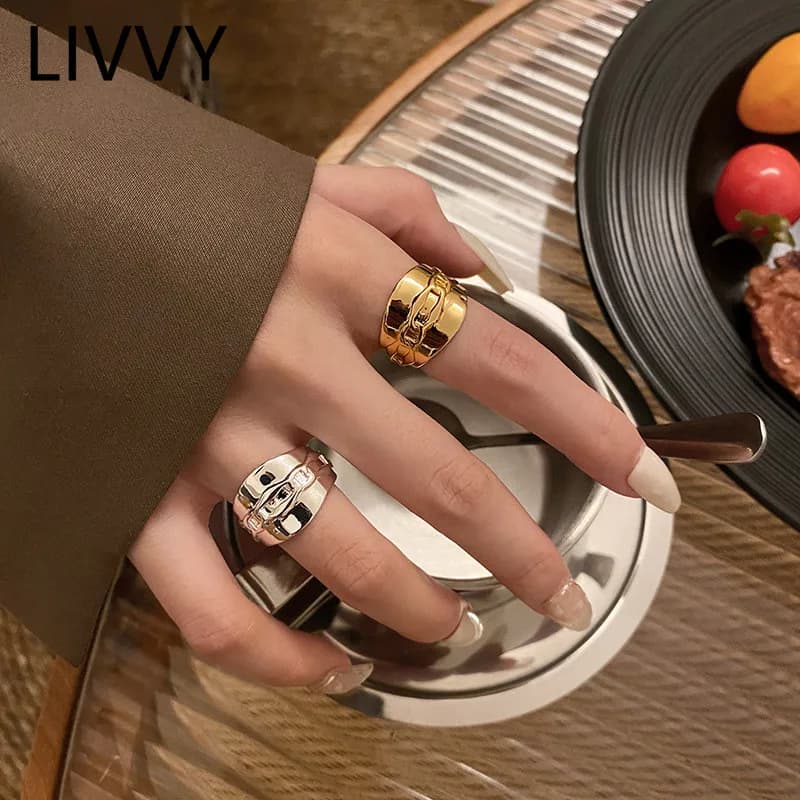 LIVVY Anello per dito indice con catena di lusso leggera color argento Anello aperto con design creativo INS Gioielli regolabili di moda