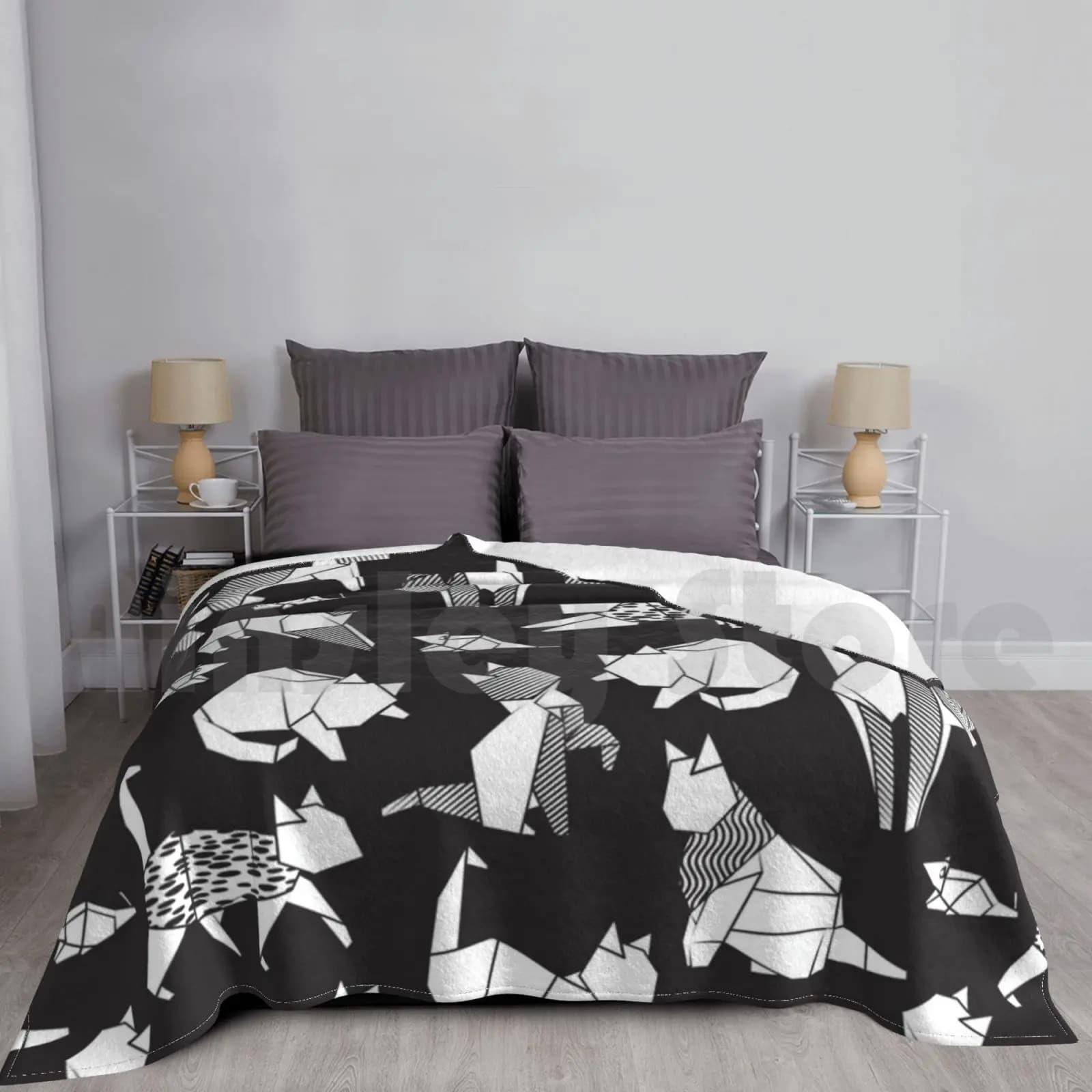 Origami Kitten Friends / / Black Background White Coloring Paper Cats Blanket For Sofa Bed Travel Cat