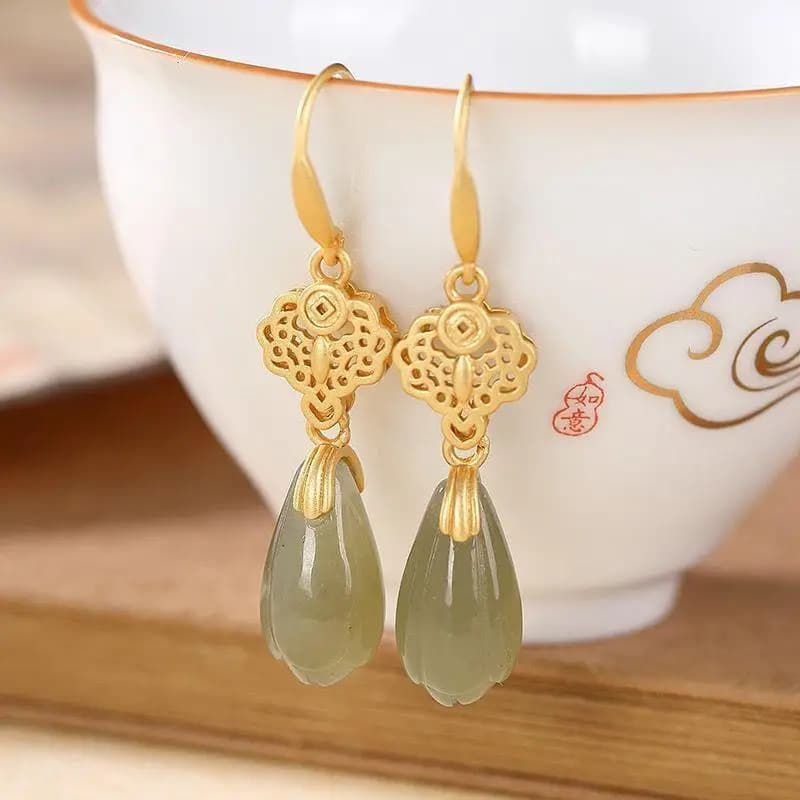 Original Natural Jade Fresh Orchid Earrings Hetian Woman Silver Jewelry With Ancient Gold Pendant One Retro in Chinese Style