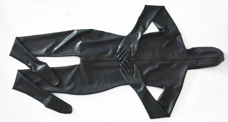 Catsuit in lattice fatto a mano da uomo con copertura completa con cappuccio e calzini attaccati guanti taglie forti con cerniera sul cavallo sul davanti su misura