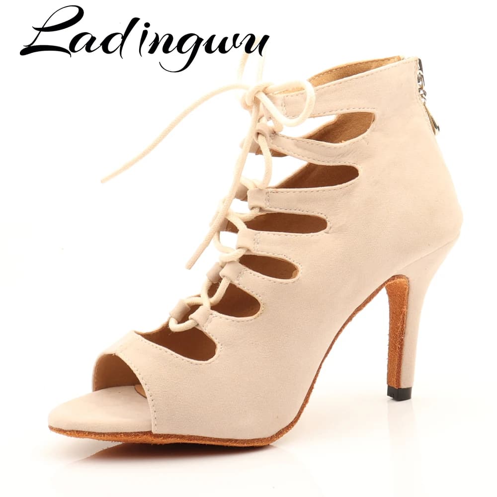 Ladingwu Beige In Pelle Scamosciata di Alta-top Scarpe Da Ballo Delle Donne Latino Scarpe Da Ballo Delle Ragazze Salsa della Sala Da Ballo Scarpe Da Ballo di Performance