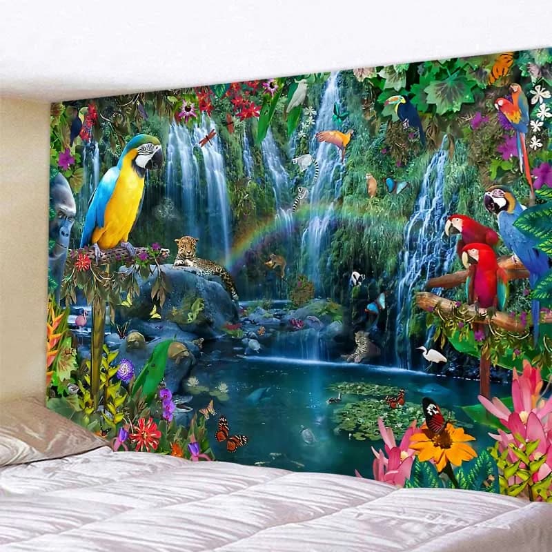 Artistic Carpet with Jungle Birds, Psichedelica Wall Decoration, Hippie Boho Style, Extensive Furniture for Home and Room, Yoga Mat