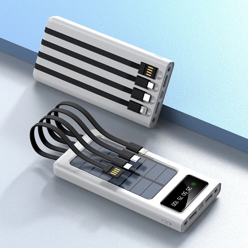 Banca di energia solare con cavo integrato caricabatterie portatile da 30000mAh Powerbank per iPhone 14 13 ricarica della batteria esterna Samsung S22