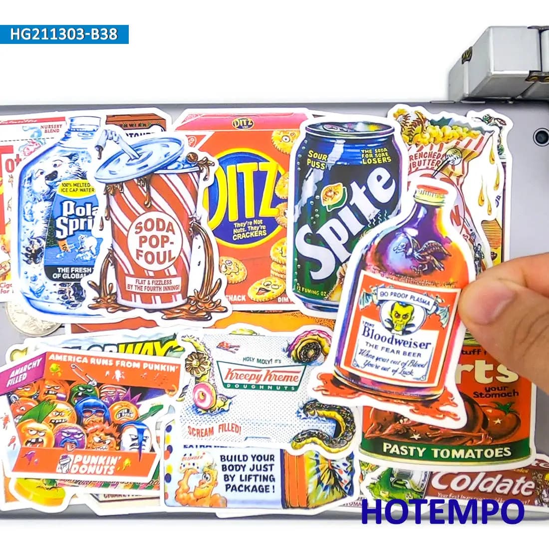38 pezzi, Snack Bevande Adesivi per imballaggio esterno falsificatori di cibo, Decalcomanie di arte graffiti retrò, per telefono, laptop, skateboard, moto, auto, bici, chitarra, Adesivi Giocattoli