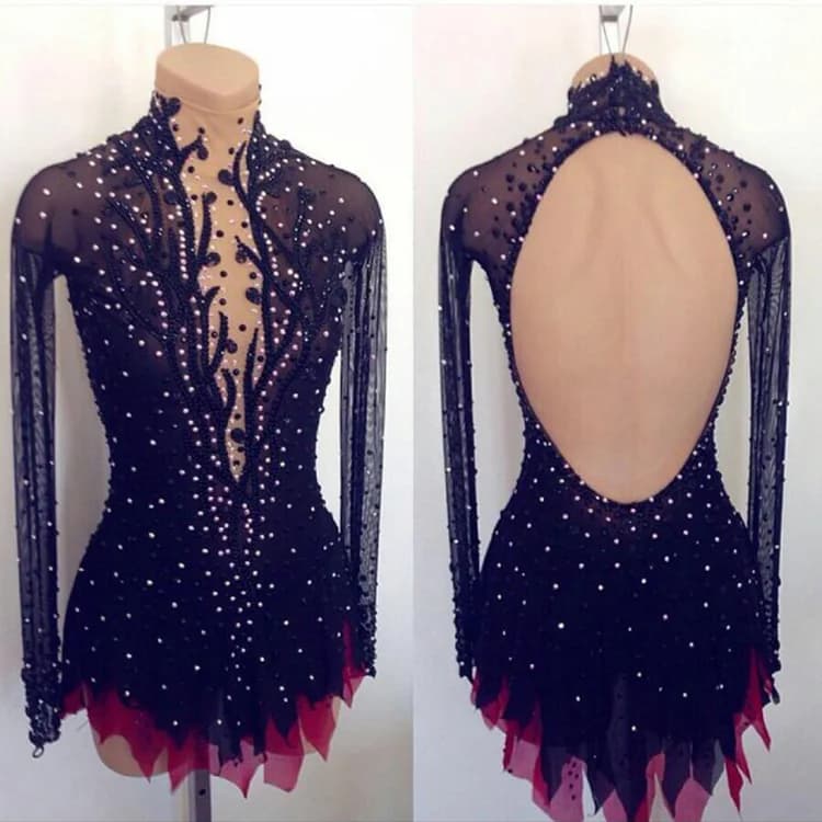 Pattinaggio di Figura Vestito Pattinaggio su Ghiaccio Dress Concorso Pattinaggio Usura Delle Ragazze Delle Donne Classic Manica Lunga Backless Nero in Tessuto Elasticizzato