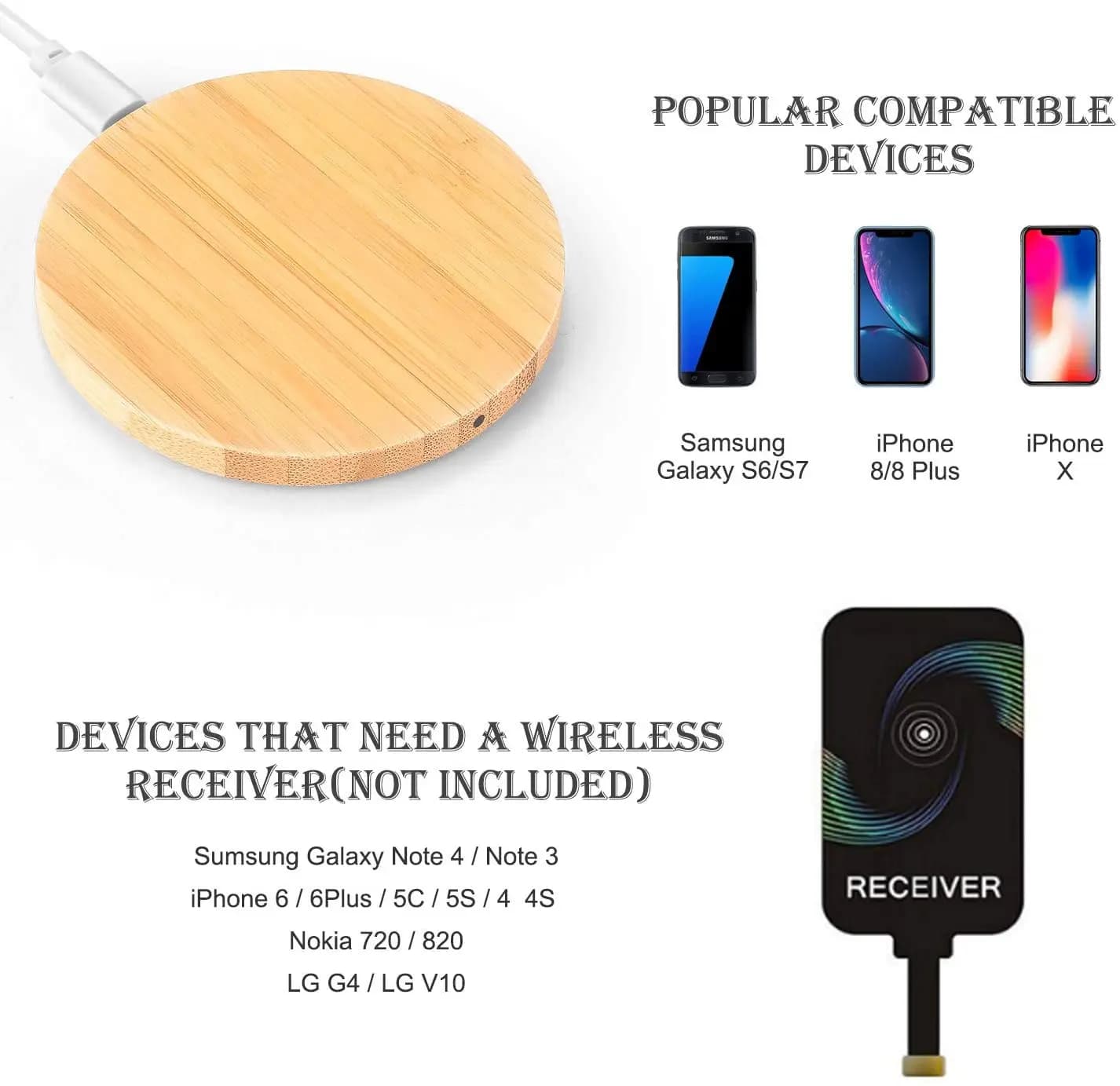 Wooden Wireless Charger Bamboo 15W 10W Quick Charging Mat for iPhone 15 14 13 12 mini 11 Pro Max Samsung Galaxy AirPods Pro 2 Oppo