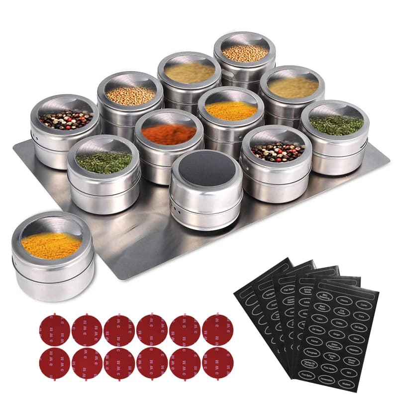 LMETJMA barattoli magnetici per spezie con Rack a parete barattoli per spezie in acciaio inossidabile contenitori per condimenti per spezie con etichetta per spezie KC0305
