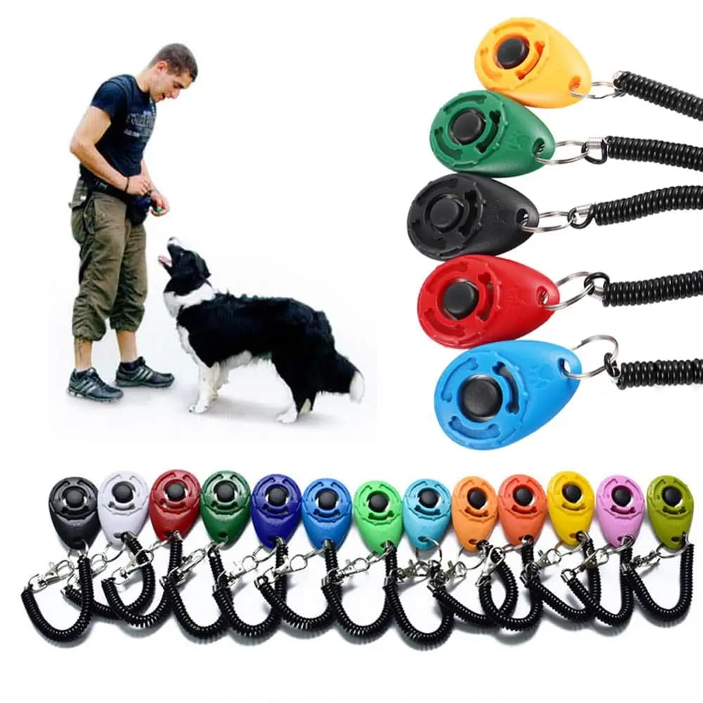 Prodotti per animali domestici Pet Cat Dog Training Clicker Plastica Nuovi cani Fare clic su Trainer Aiuto Cinghia da polso regolabile Portachiavi con suono Repellente per cani