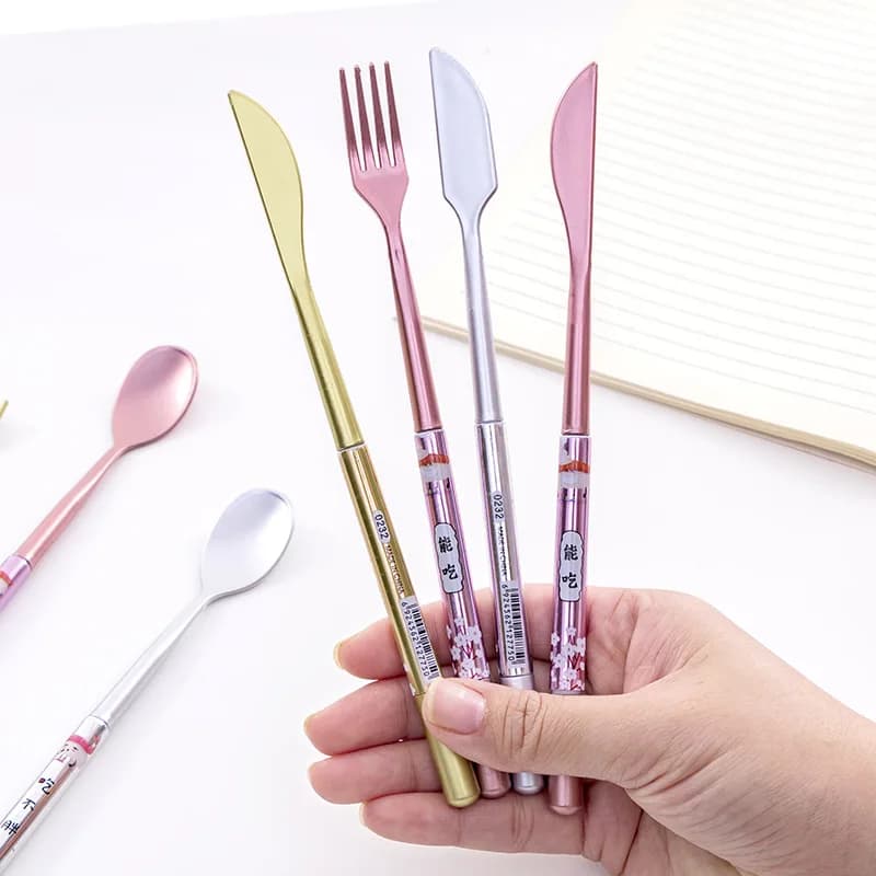 8 PCs creativo cucchiaio forchetta stoviglie modellazione Gel penna studente nero penna Gel cancelleria personalizzata all'ingrosso