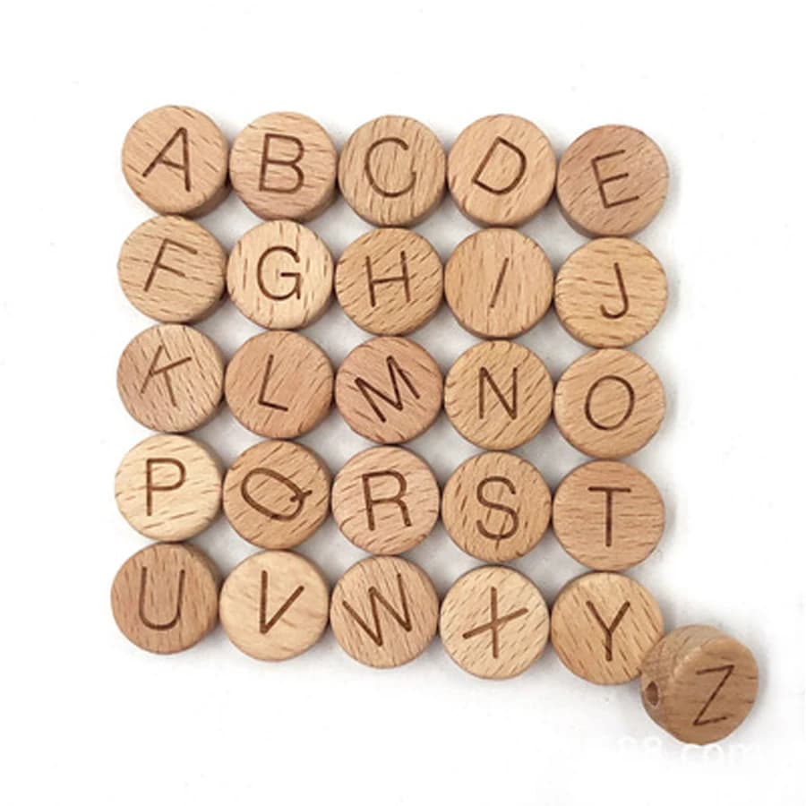 Giocattolo per culla per la dentizione del bambino 12mm forma quadrata perline per lettere in legno di faggio 100 pezzi gioielli per la dentizione perline da masticare fai da te massaggiagengive per bambini