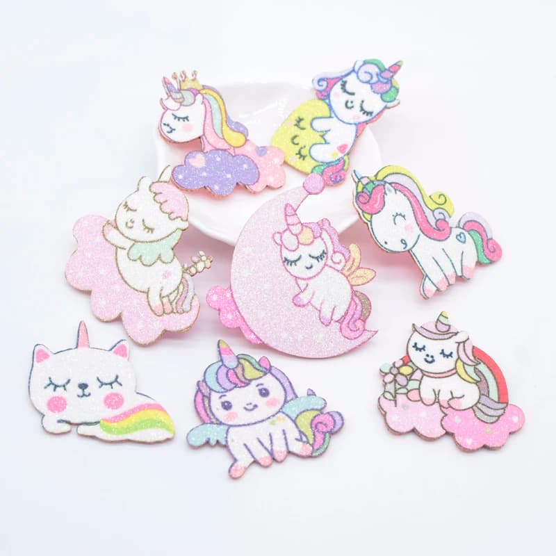 10Pcs Glitter Print Appliques Dessert Cat Unicorn for DIY Crafts Cake Topper Headwear Hair Clips Bow Decor Accessories Patches