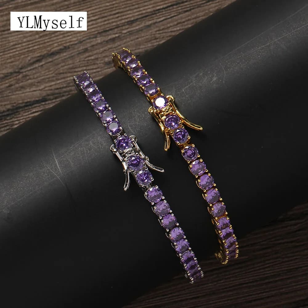 Bracciale tennis con zirconi viola da 4 mm – Gioielli con catena da polso in ottone hip-hop per uomo e donna (7 o 8 pollici)