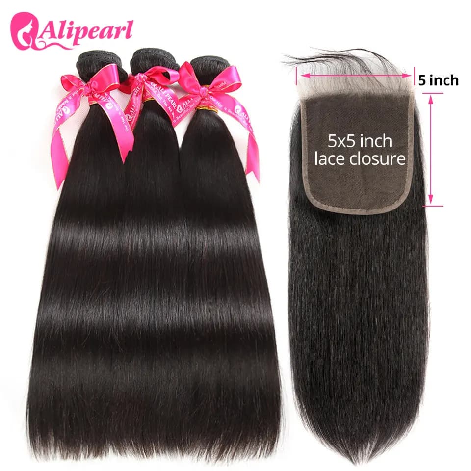 AliPearl smooth hair 3 bundles with 5x5 closure bundles in transparent lace with Brazilian human hair closure