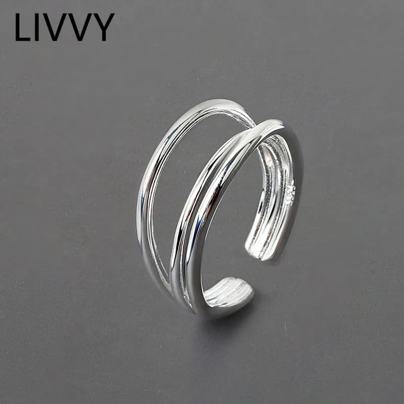 LIVVY Multilayer Rings with Silver Color Design for Women Bridal Jewelry Adjustable Open Ring 2024 Fashion Jewelry Accessories
