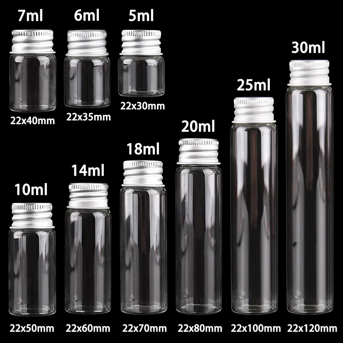 10 pieces 5ml/6ml/7ml/10ml/14ml/18ml/20ml/25ml/30ml Glass Bottles with Aluminium Lids Small Mini Glass Jars 9 Sizes U-pick